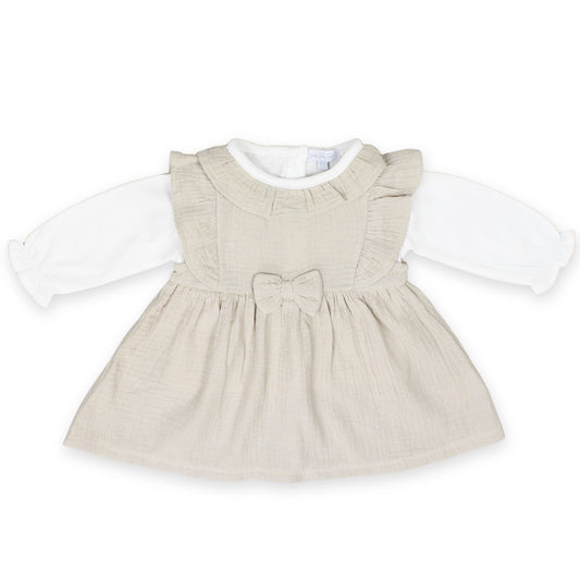 baby girl dress, beige baby dress, muslin baby dress, baby girl outfit, ruffle baby dress, baby dress with bow, baby girl long sleeve dress