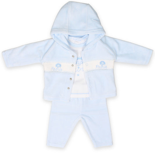 baby boys three piece top trousers and jacket velour prince elephant embroidery