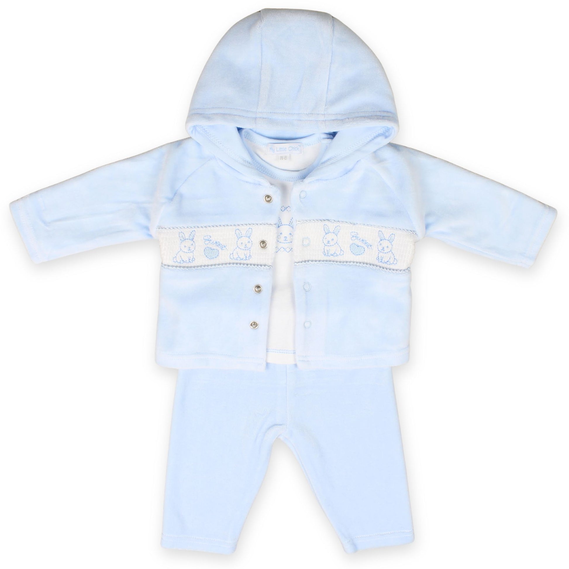 baby boys three piece velour outfit bunny embroidery