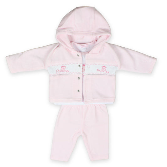 baby girls pink three piece velour outfit princess embroidery