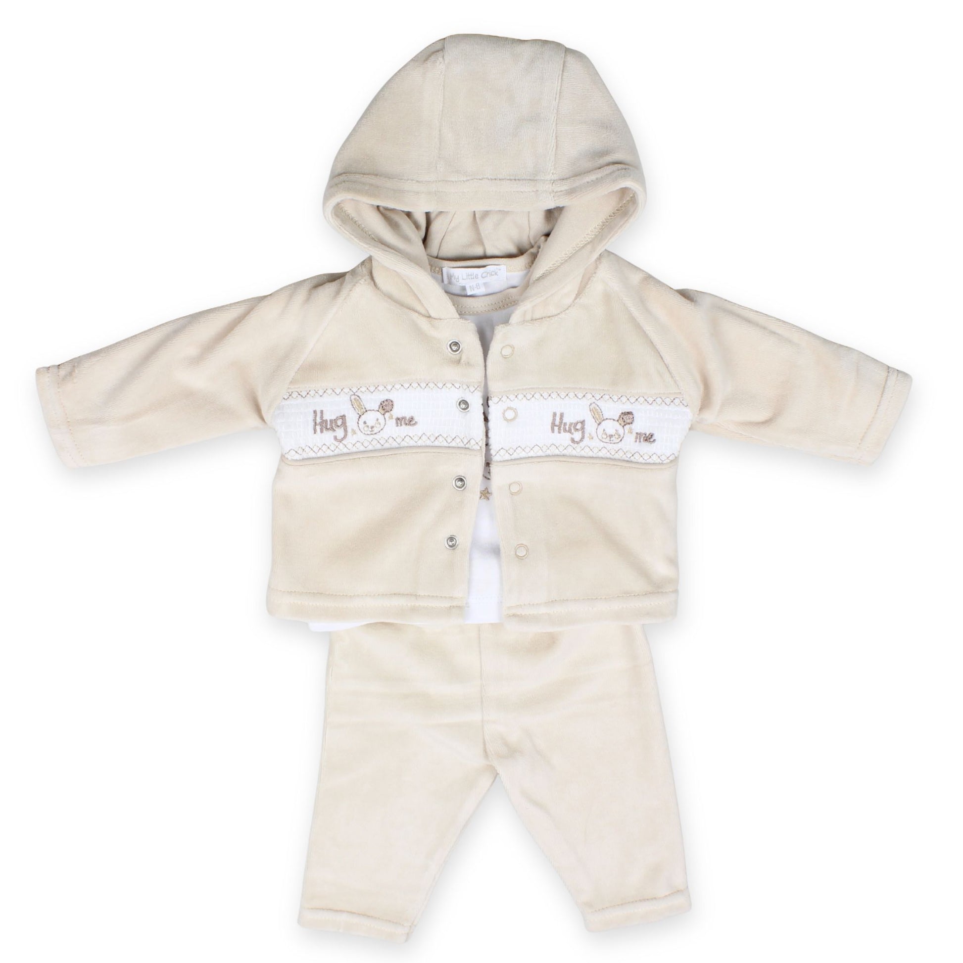 baby unisex beige three piece velour outfit hug me embroidery