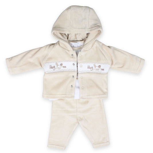 baby unisex beige three piece velour outfit hug me embroidery
