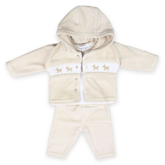 unisex beige three piece outfit with embroidered dogs