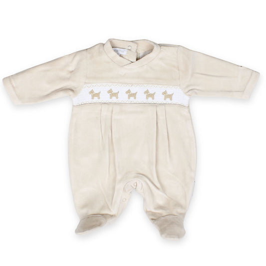unisex beige velour dog embroidery sleepsuit