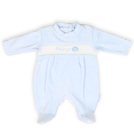 baby boys prince elephant embrodiery velour sleep suit