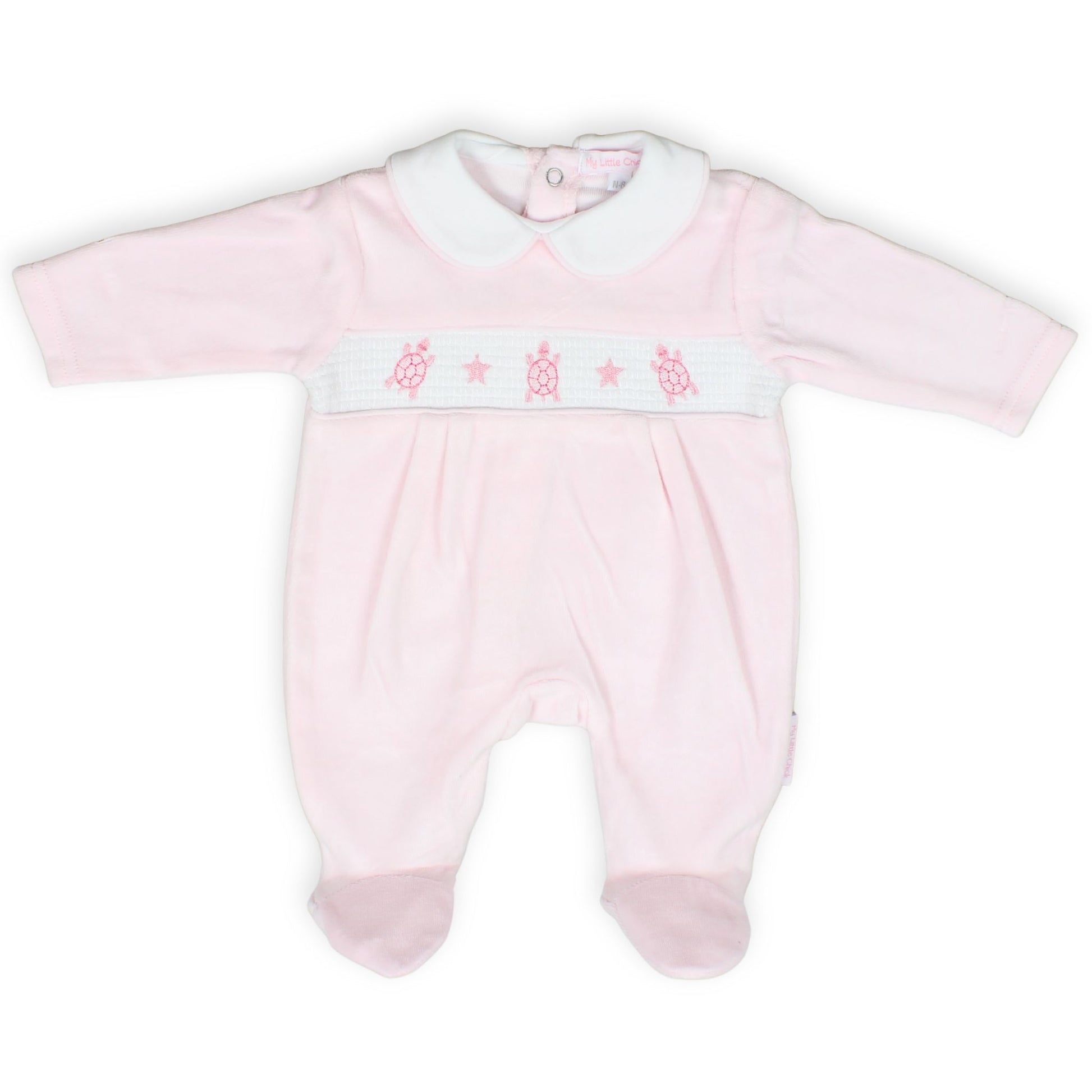 baby girls pink velour sleepsuit with embroidered tortoise smocking