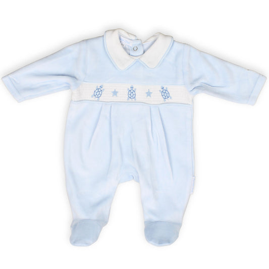 baby boys tortoise sleepsuit embroidery blue velour