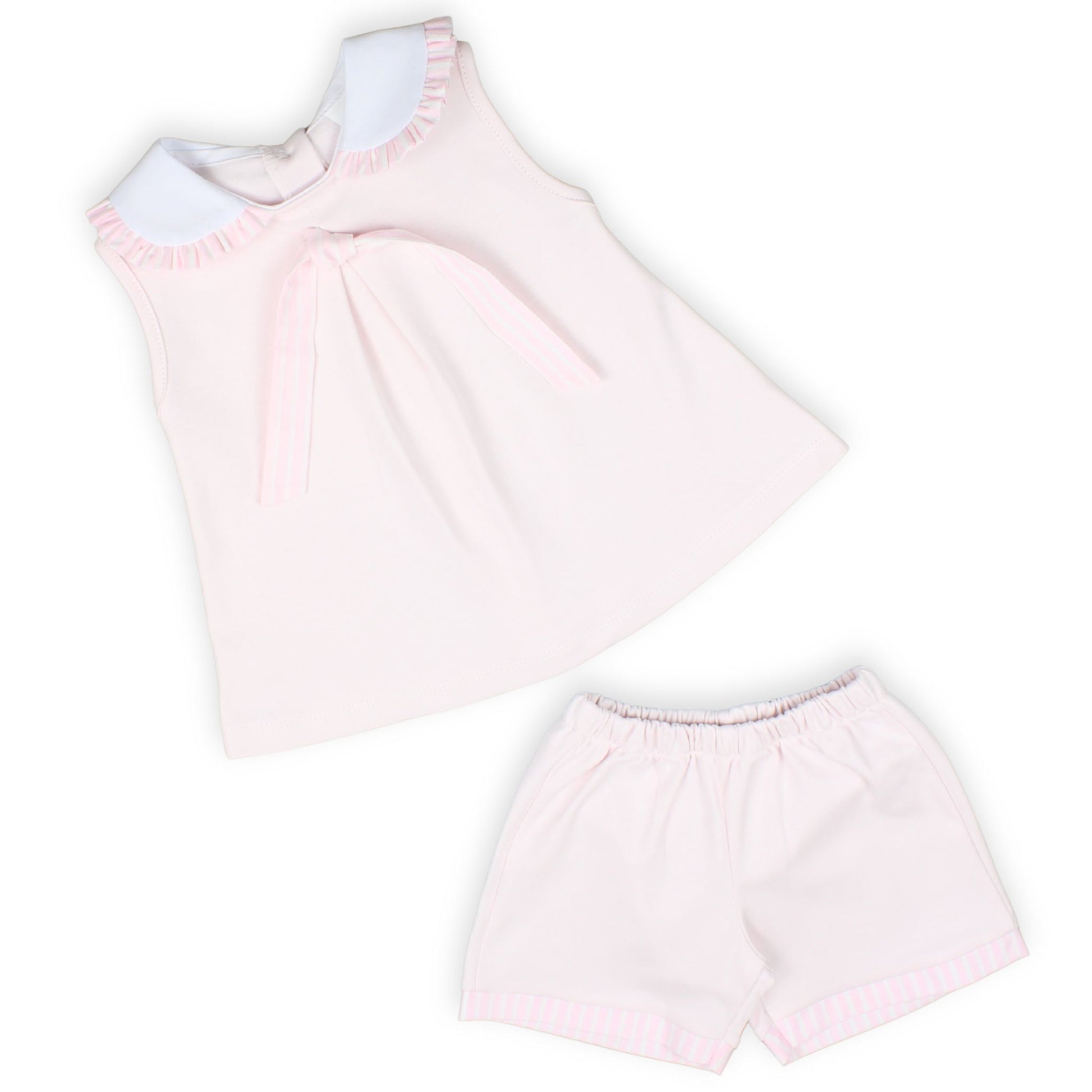 girls summer set, pink baby outfit, toddler girl shorts set, baby girl pink top and shorts, striped trim baby clothes, peter pan collar outfit, girls clothes 12 months to 4 years