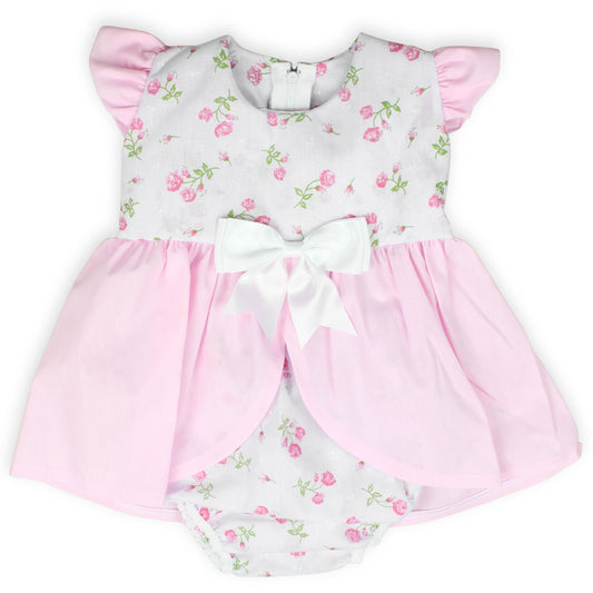 baby girs pink and white floral two piece dress and bloomers outfit