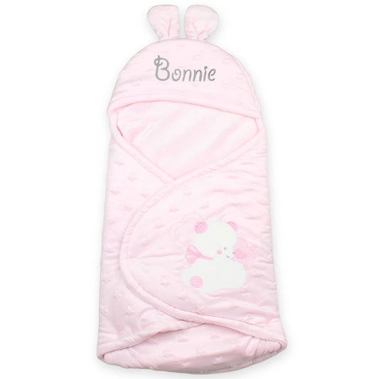 Personalised Pink Baby Swaddle Wrap with Bunny Ears & Teddy Bear Embroidery – Ultra Soft Fleece