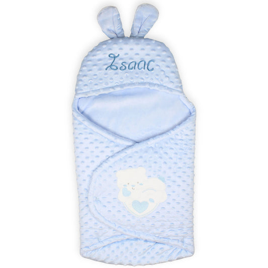 Personalised Blue Dimple Baby Swaddle Wrap with Bunny Ears & Teddy Bear Embroidery