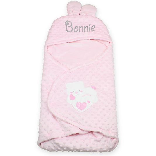 Personalised Pink Dimple Baby Swaddle Wrap with Bunny Ears & Teddy Bear Embroidery – Soft & Snuggly Newborn Wrap