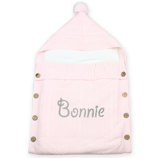 Personalised Pink Knitted Baby Wrap with Hood & Buttons – Cable Knit Wrap for Baby Girls