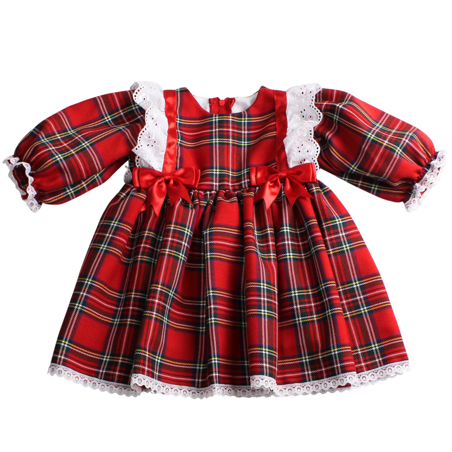 Red tartan baby and toddler dress with white lace trim, red satin bows, puffed long sleeves, and a gathered skirt