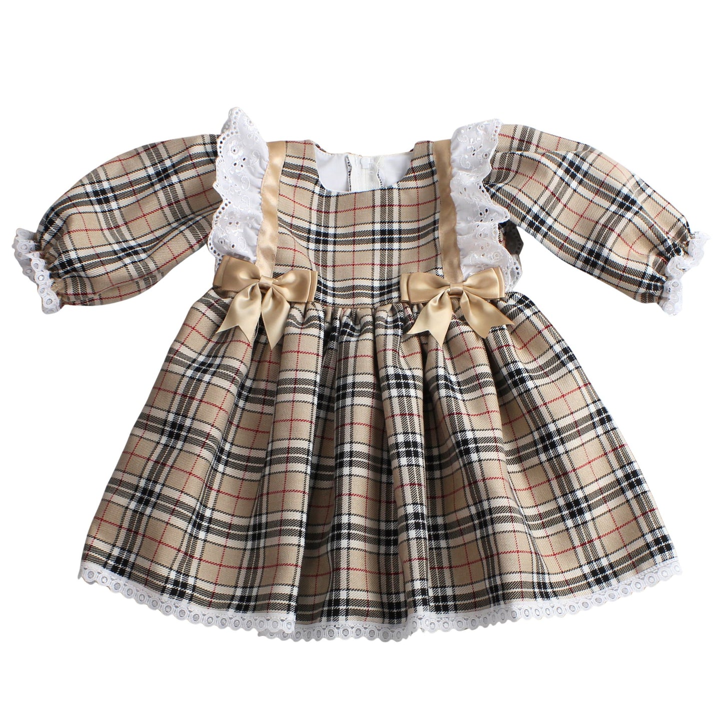 Beige check baby and toddler dress with puffed long sleeves, white lace trim, and beige satin bows