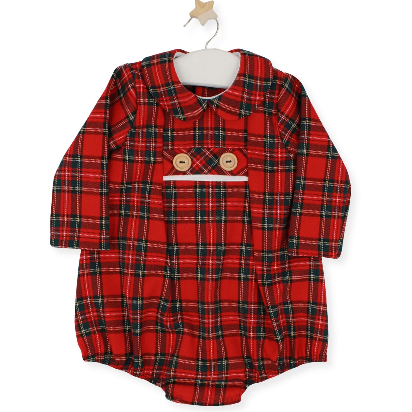 Red tartan baby romper by Rapife featuring a Peter Pan collar, front button detail, and long sleeves — displayed on a hanger with star hook.