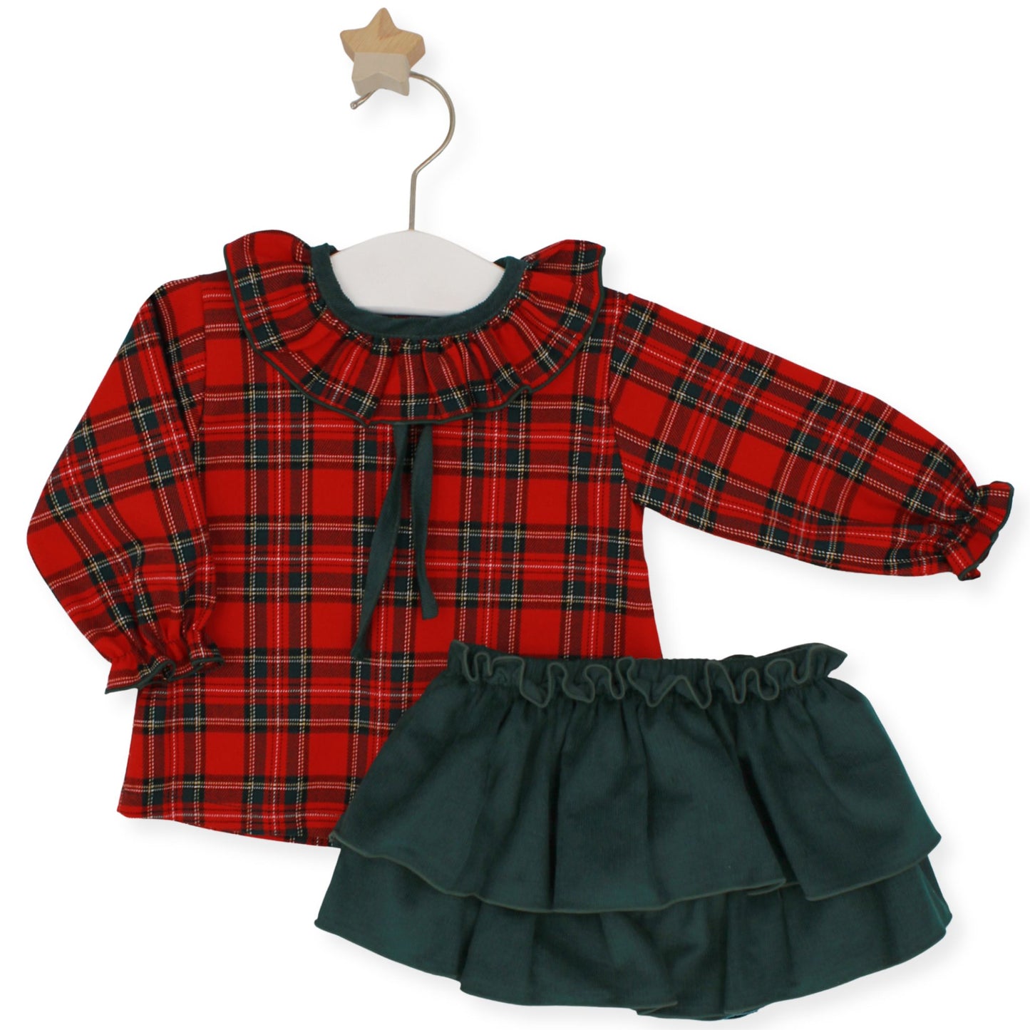 Red tartan long-sleeved blouse with green velvet tie and matching green corduroy tiered skirt by Rapife, displayed on hanger with star hook.