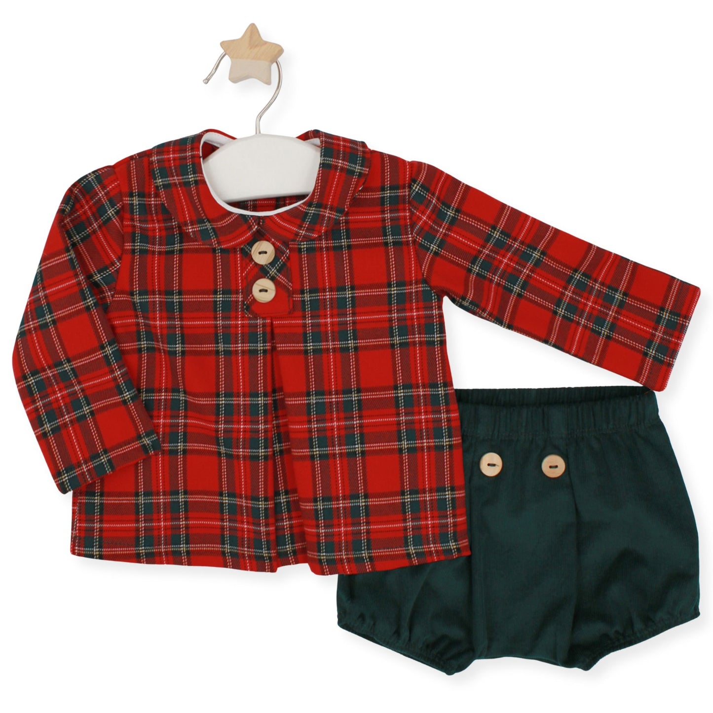 Red plaid shirt with buttons and green bloomers on a white background
