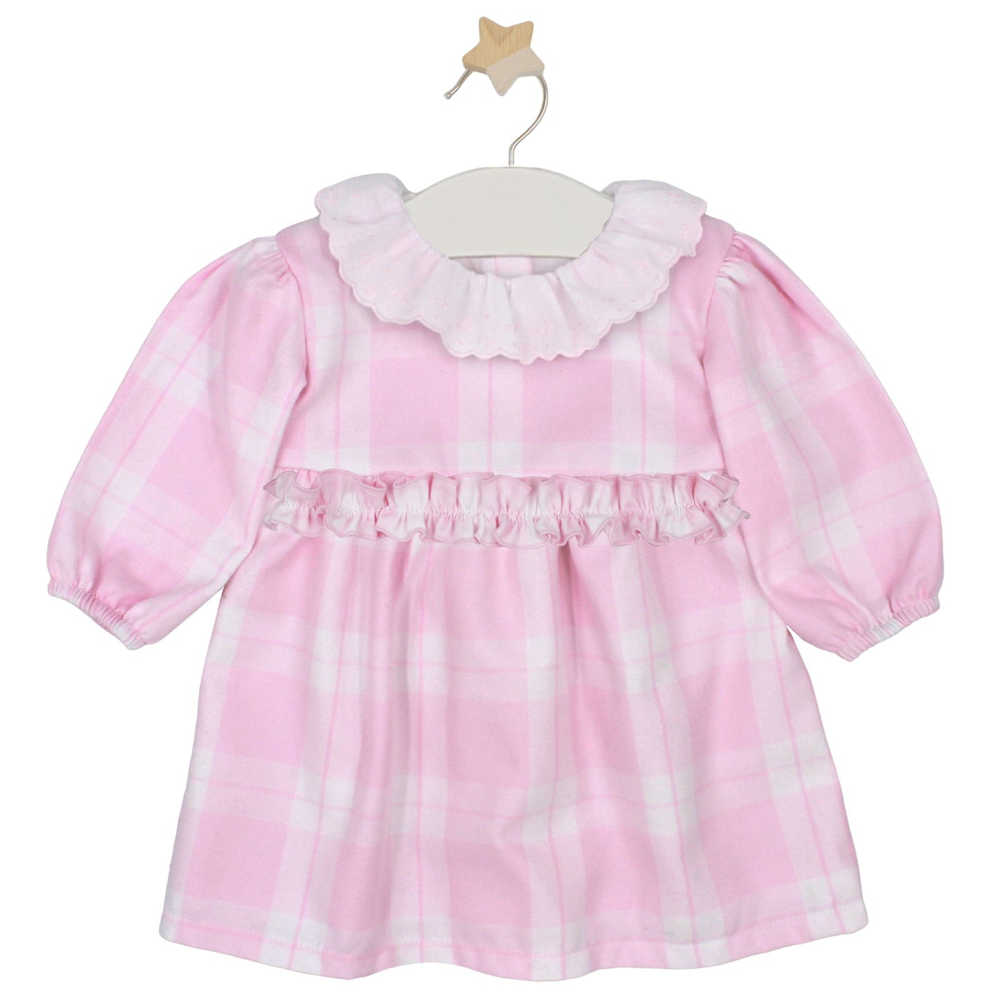 Pink checkered dress with ruffled collar on a white background