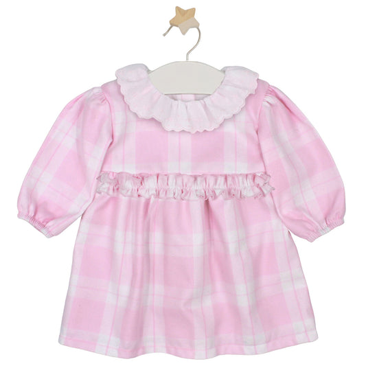 Pink checkered dress with ruffled collar on a white background