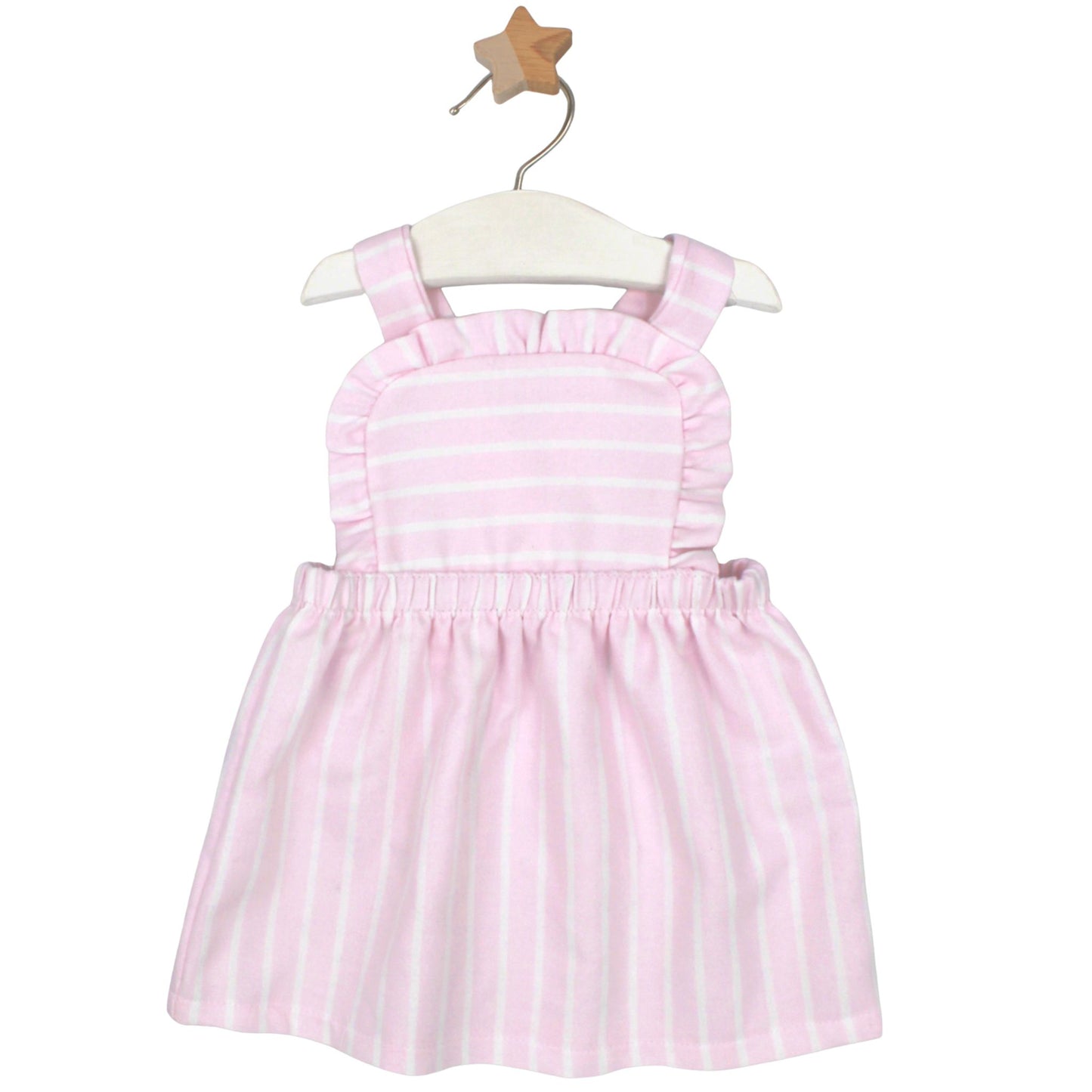 Pink and white striped baby pinafore dress with frill trim and wide shoulder straps, displayed on a hanger with wooden star hook.