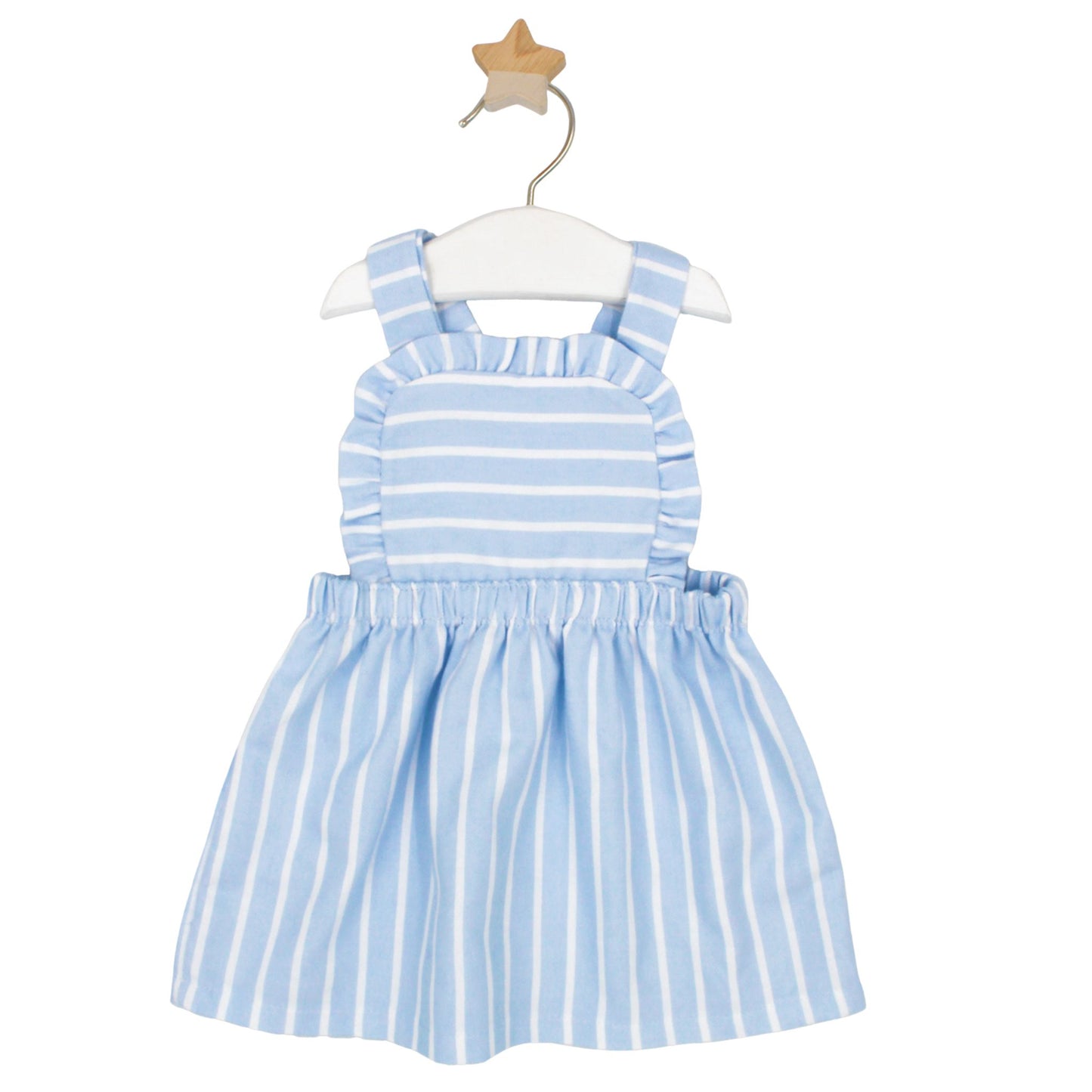 Blue and white striped baby pinafore dress with frill detail and shoulder straps, displayed on a white hanger with wooden star hook.