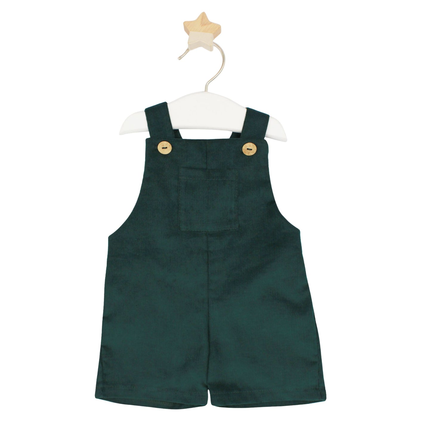 Green overalls on a white hanger with a white background