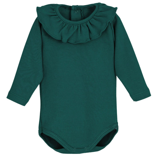 Green baby bodysuit with ruffled collar on a white background
