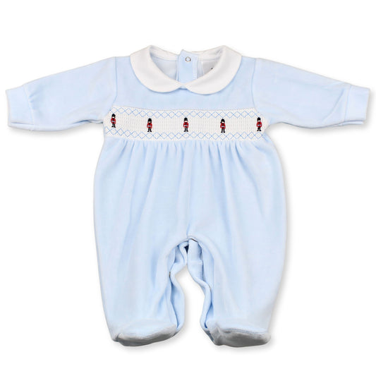 Light blue baby romper with embroidered design on a white background