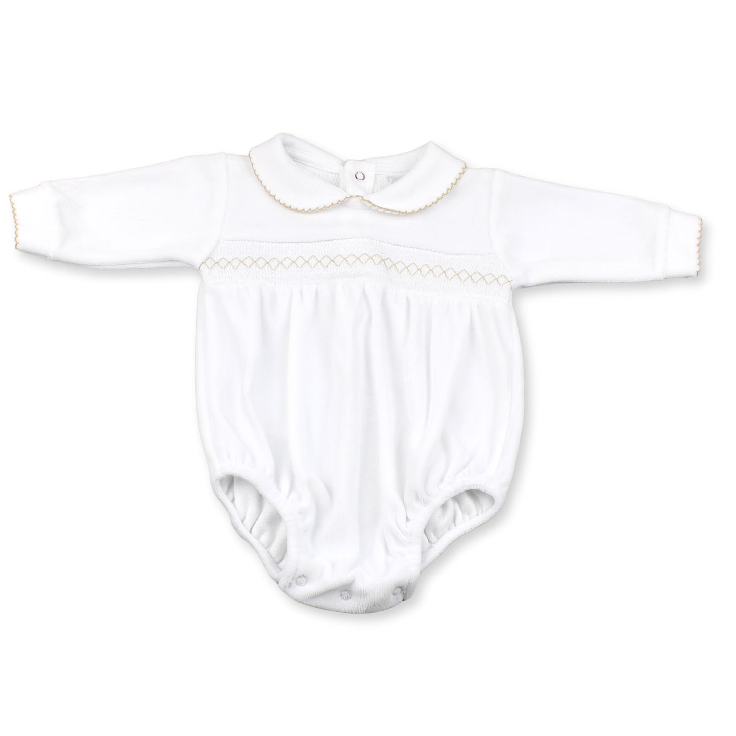 White baby romper with gold trim on a white background