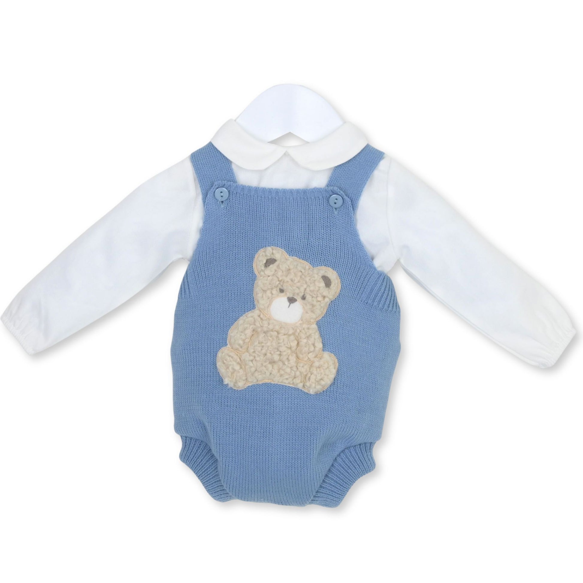 Blue knitted romper with teddy bear design on a white background
