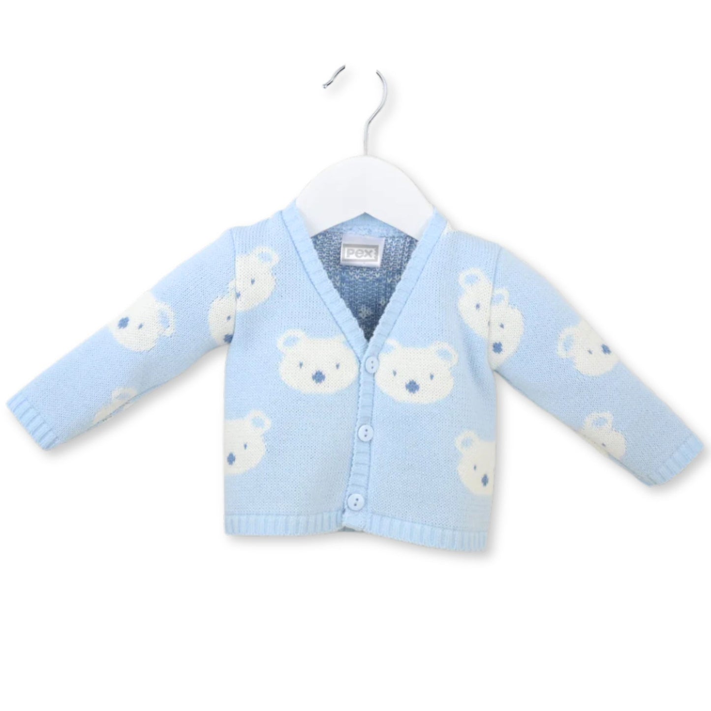 Blue baby cardigan with bear patterns on a white background