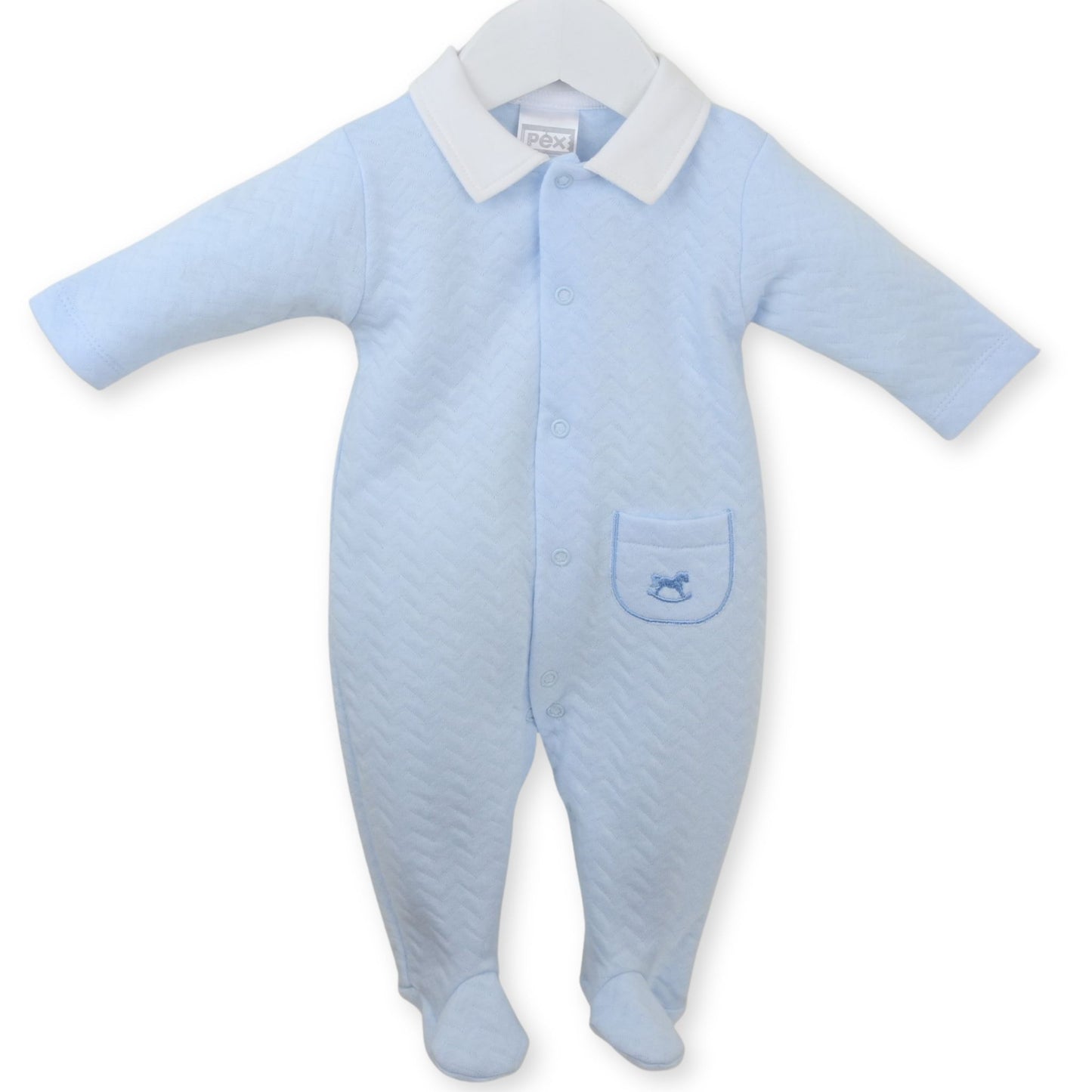 Light blue baby onesie with a collar on a white background