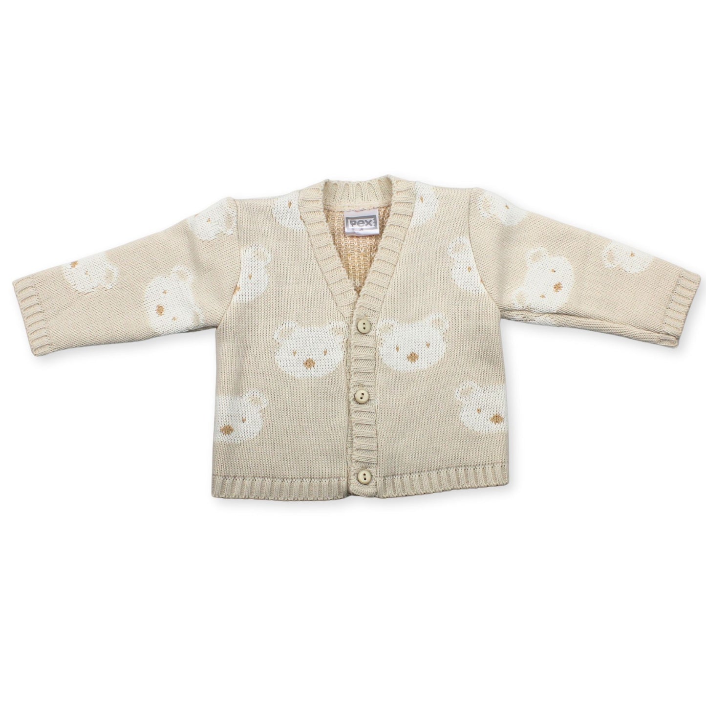Beige baby cardigan with bear pattern on a white background