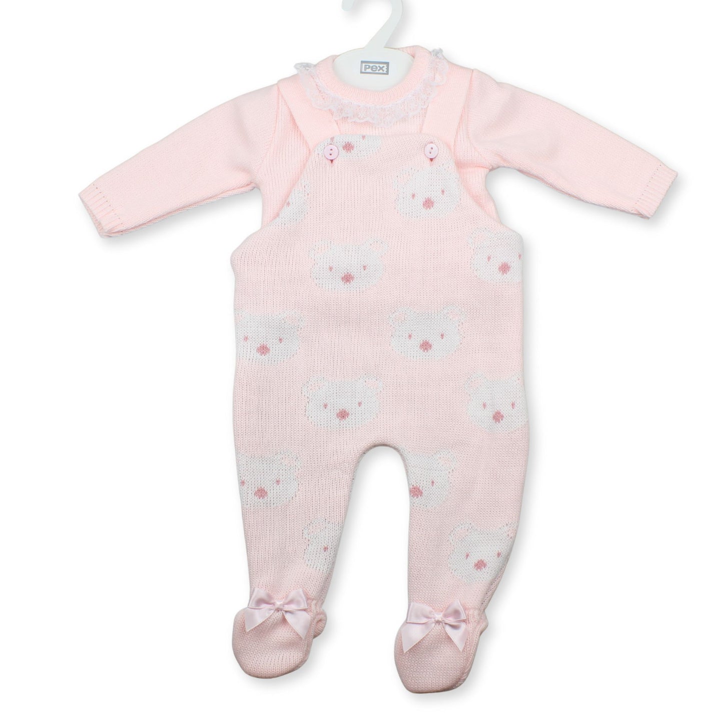 PEX Baby Girls Pink Knitted Teddy Dungaree & Top Set