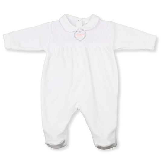 Little Nosh Baby Girls White Velour Sleepsuit with Heart Embroidery