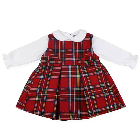 Red plaid dress with white collar and sleeves on a white background