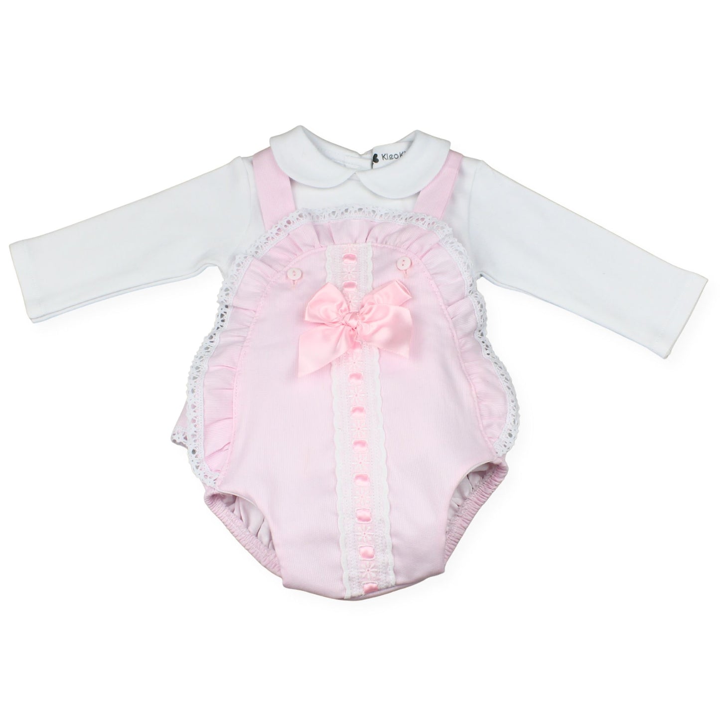 Pink baby romper with ruffles and a white long-sleeve shirt on a white background