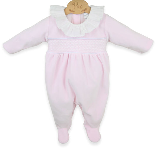 PEX Baby Girls Pink Velour Sleepsuit with Smocking and Ruffle Collar