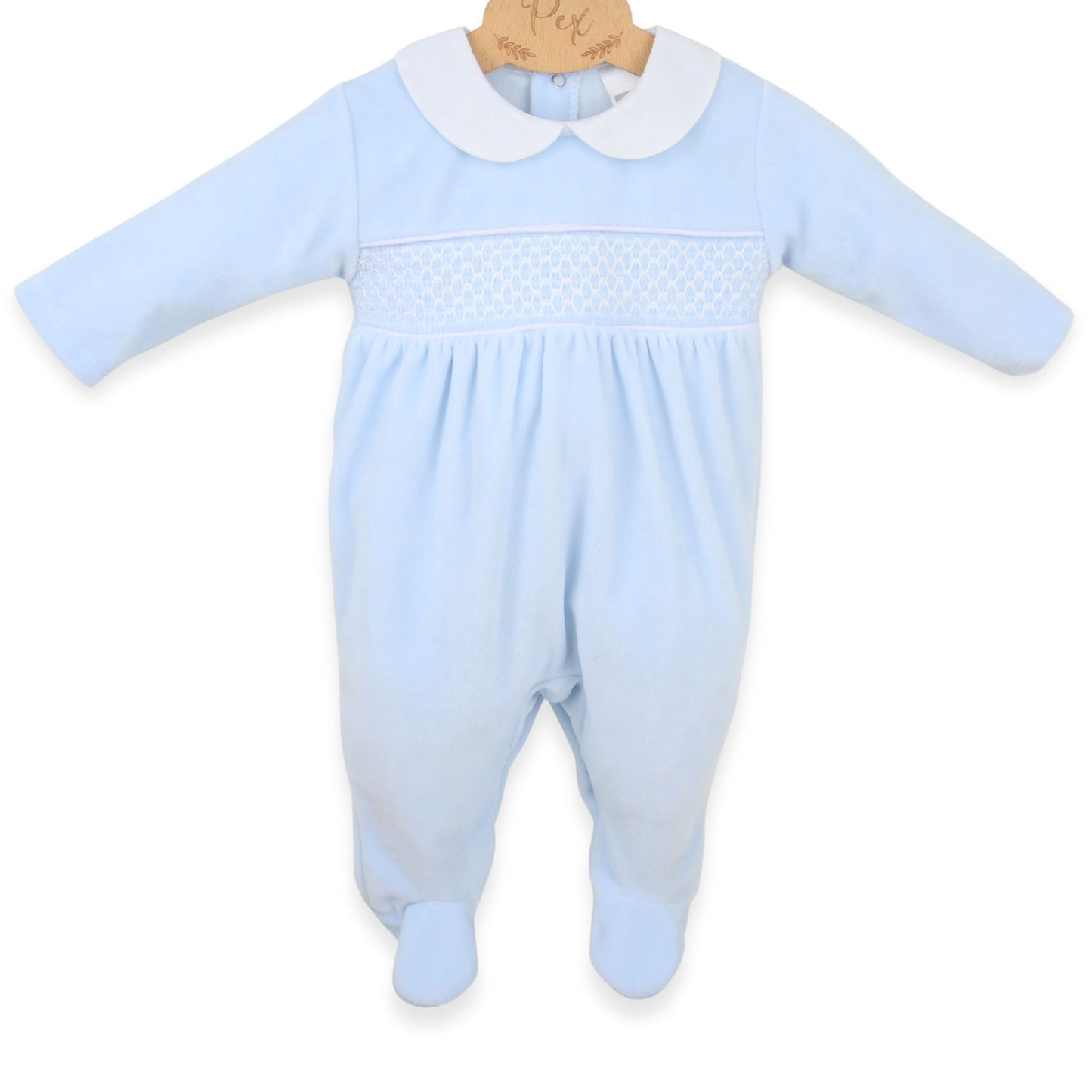 PEX Baby Boys Blue Velour Sleepsuit with Smocking and Peter Pan Collar
