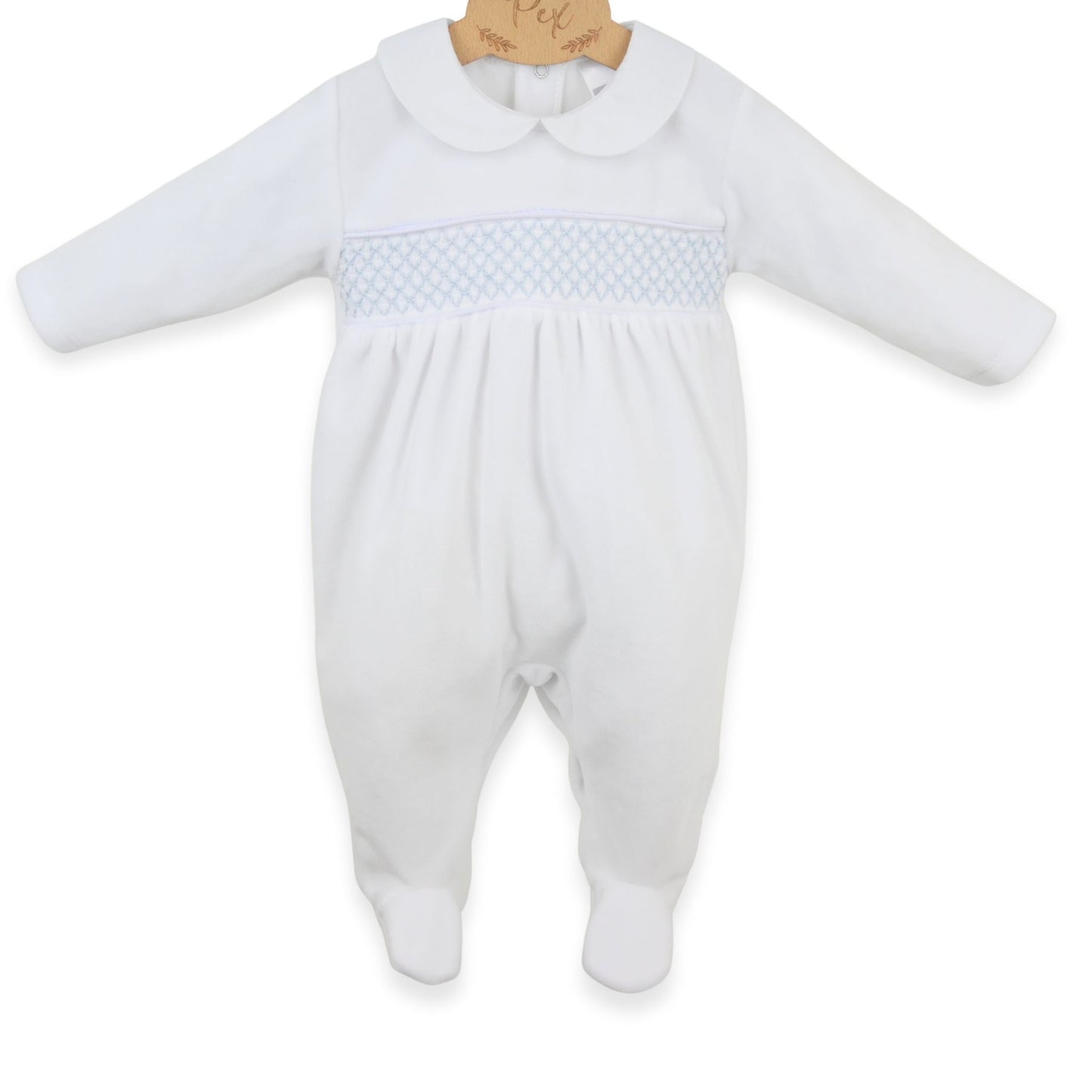 PEX Baby Boys White Velour Sleepsuit with Blue Smocking