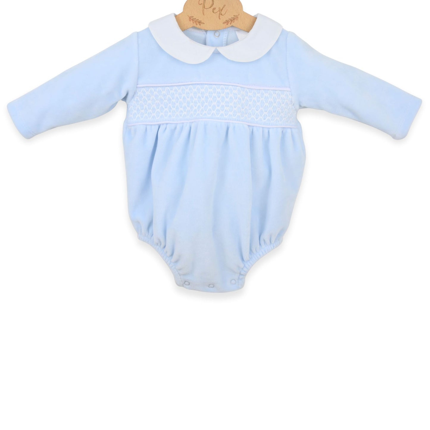 PEX Baby Boys Blue Velour Romper with Smocking