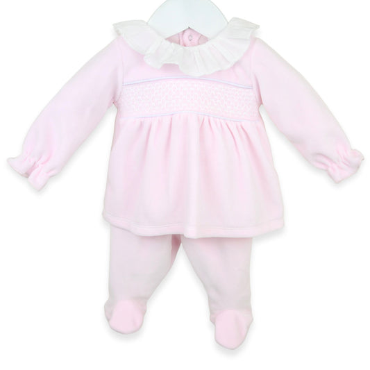 PEX Baby Girls Pink Velour Two-Piece Outfit with Smocking