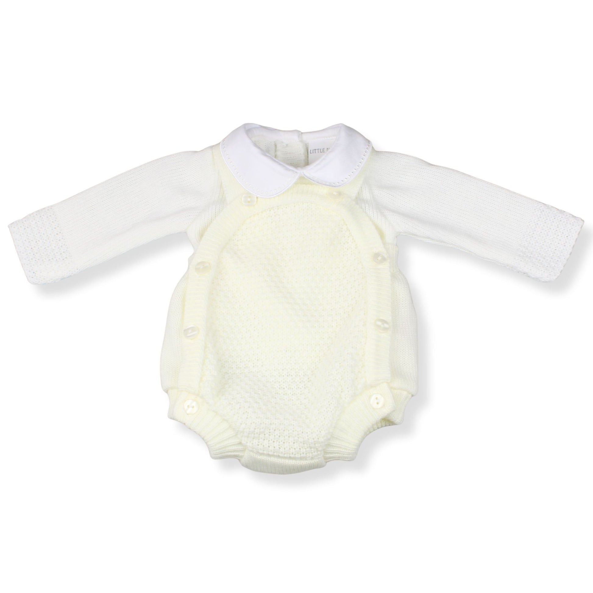 Baby romper with long sleeves and white collar on a white background