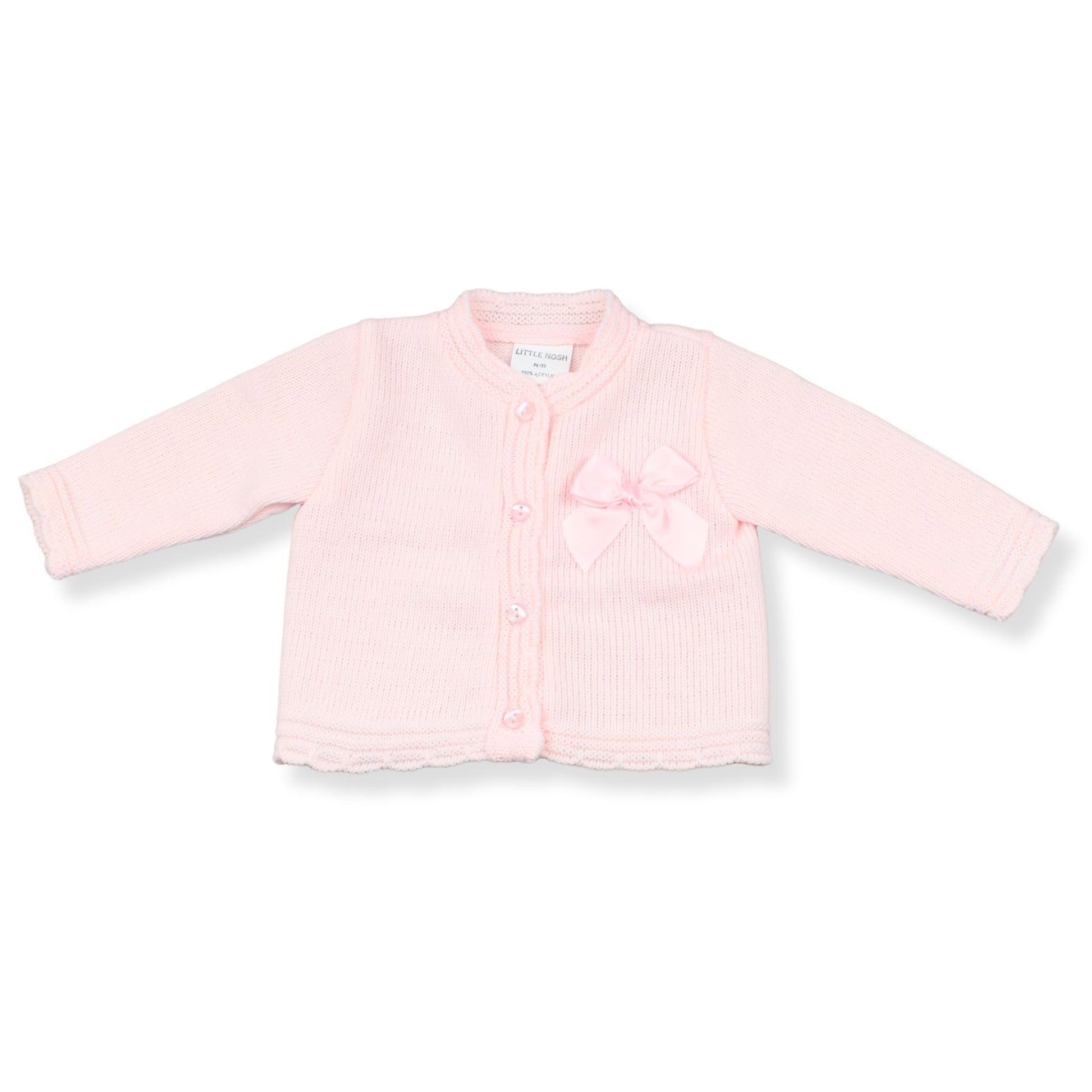 Pink baby jacket with a bow on a white background