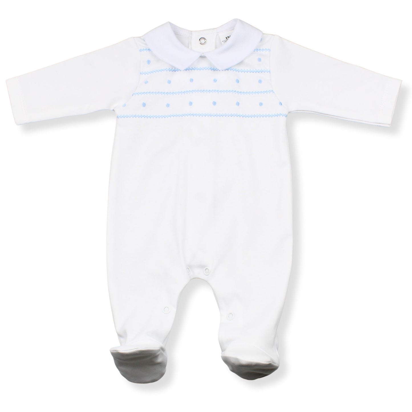White baby onesie with blue patterns on a white background