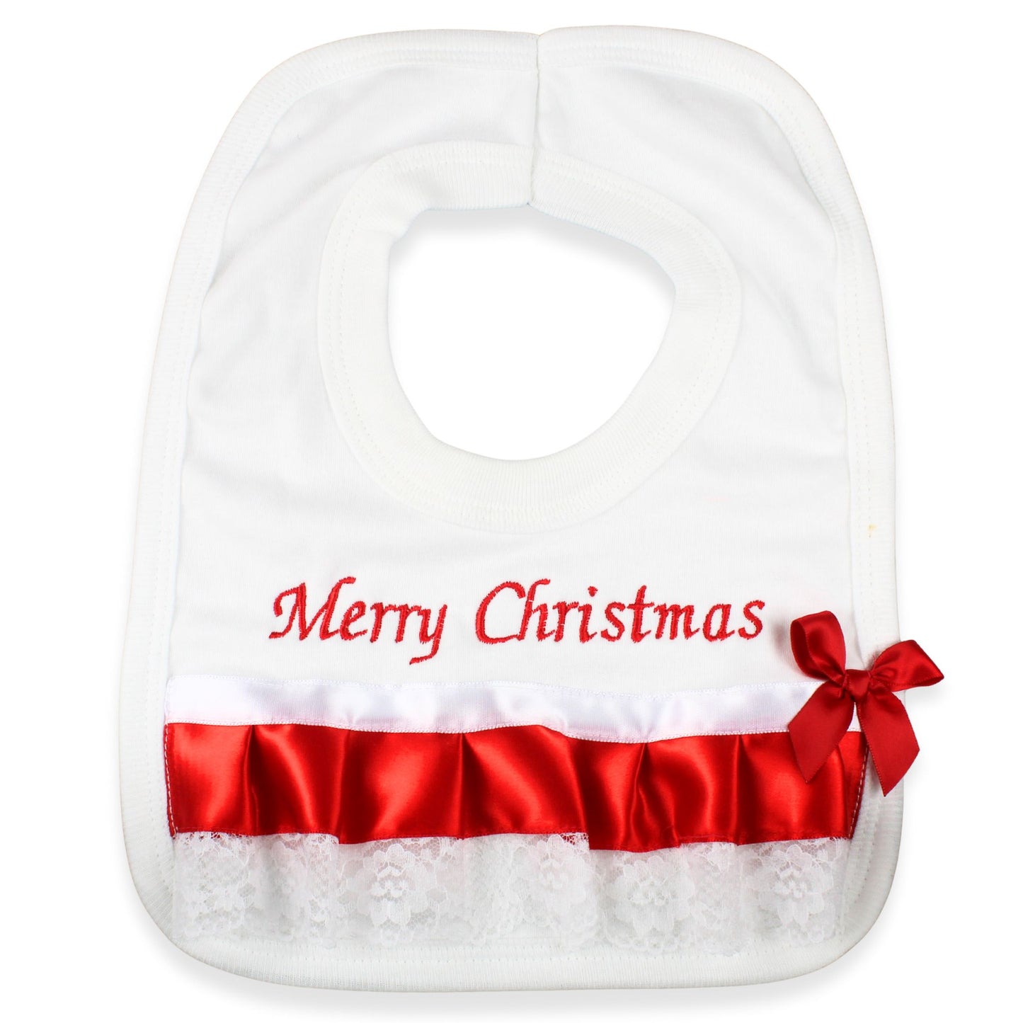 White bib with red trim and 'Merry Christmas' text on a white background