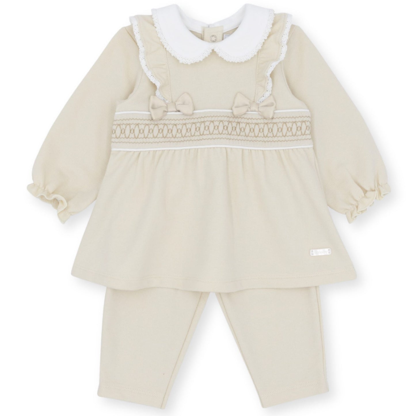 Amore Beige Baby Dress & Leggings Set – Smocked Detail