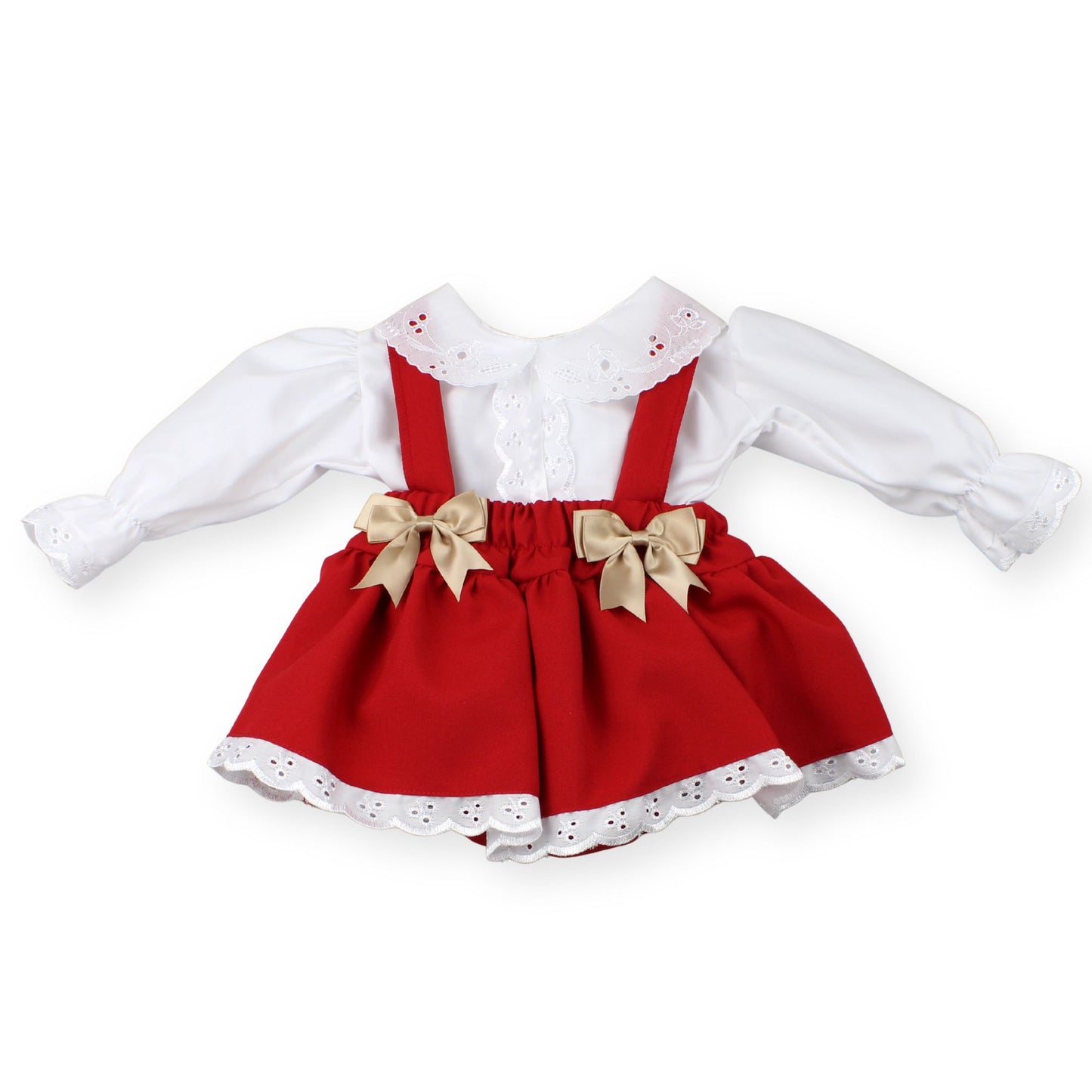 Red dress with white blouse and braces on a white background