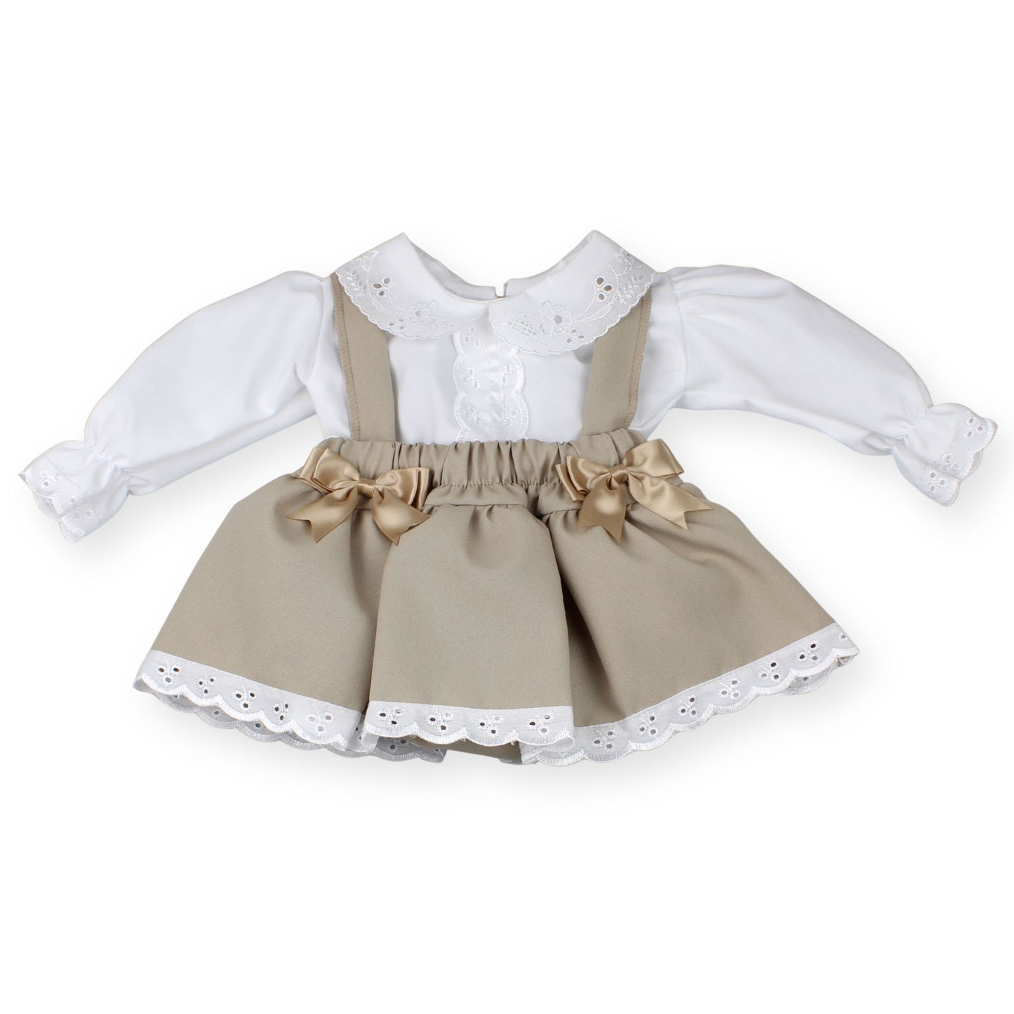 babys's dress with white blouse and beige skirt on a white background